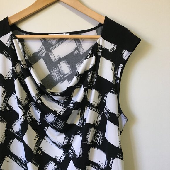 B&W Canadian Spy Movie Paint Blotched Ruched Waist Cowl Neck Tank Top - Picture 4 of 15